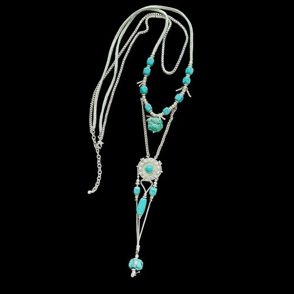 Silver Toned Faux Turquoise Stone Necklace Western Boho Leather Rawhide